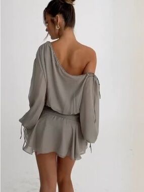 House of CB Off-Shoulder Chiffon Mini Dress XS - Ash Green